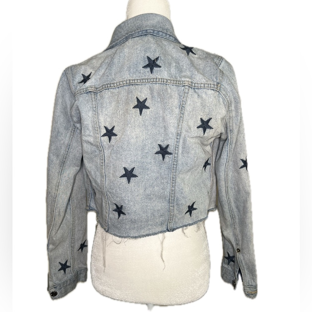 Pistola Brando Light Blue Navy Star Embroidered Denim Jean Jacket Raw Hem Small - Picture 4 of 10